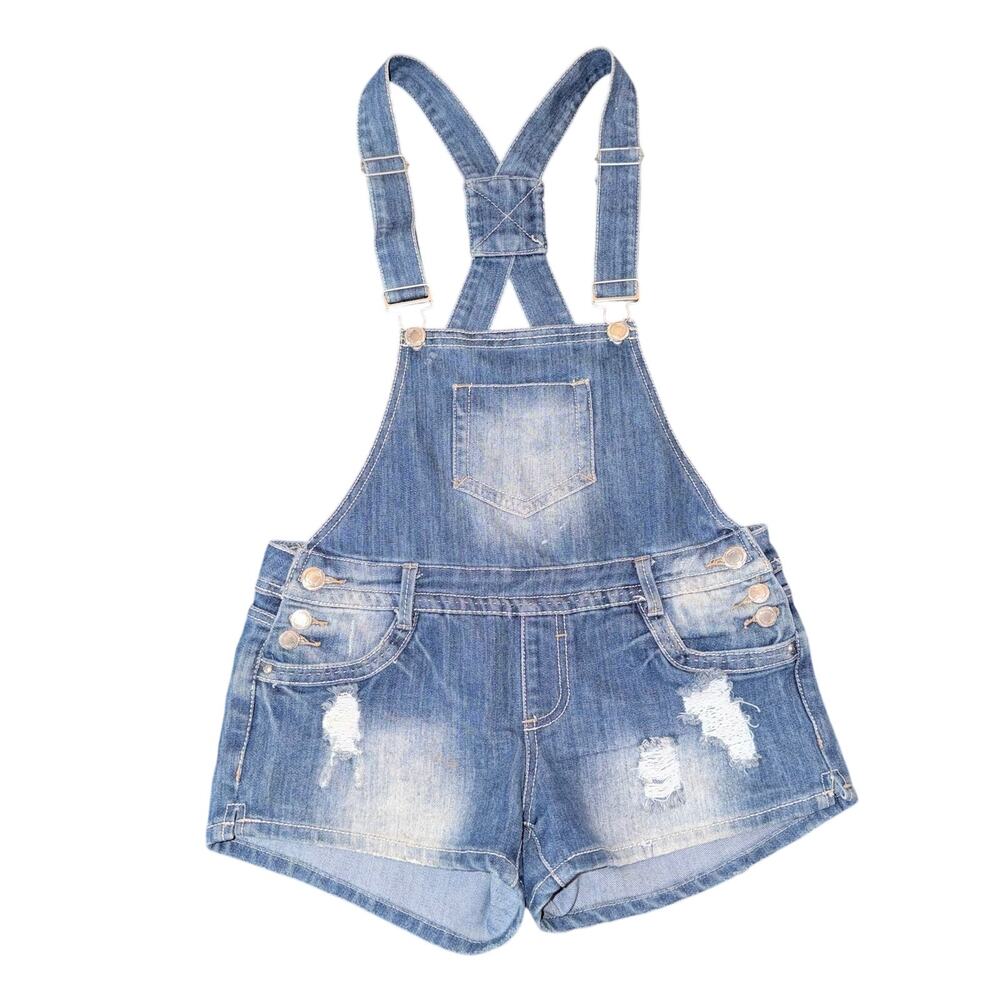 VTG Y2k Almost Famous Distressed Denim Overall Shorts Ripped jean Romper Size 7